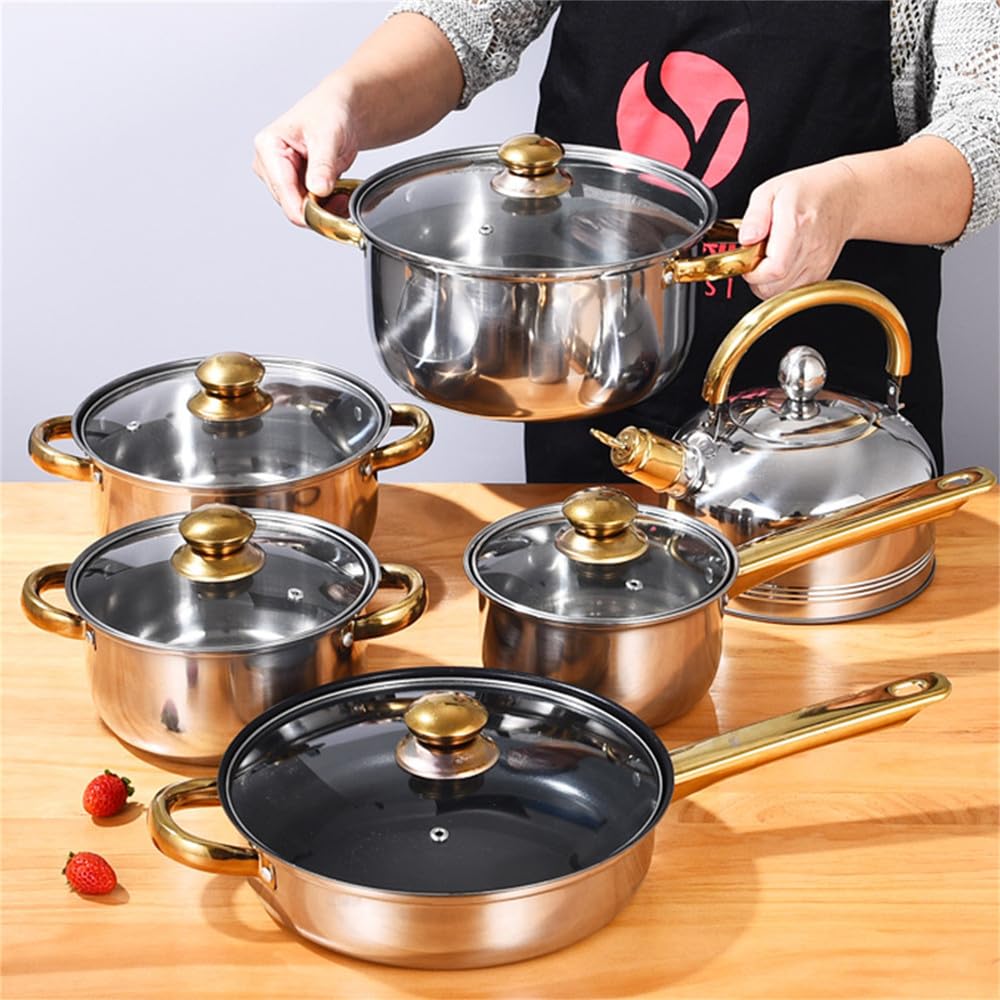 Set di Pentole in Acciaio Inossidabile da 12 Pezzi, 6 Tipi di Pentole da Cucina, Padella, Pentola per Zuppa, Pentola per Latte, Bollitore, Set di Pentole, Bollitore B, 12(Kettle B-12 pc)