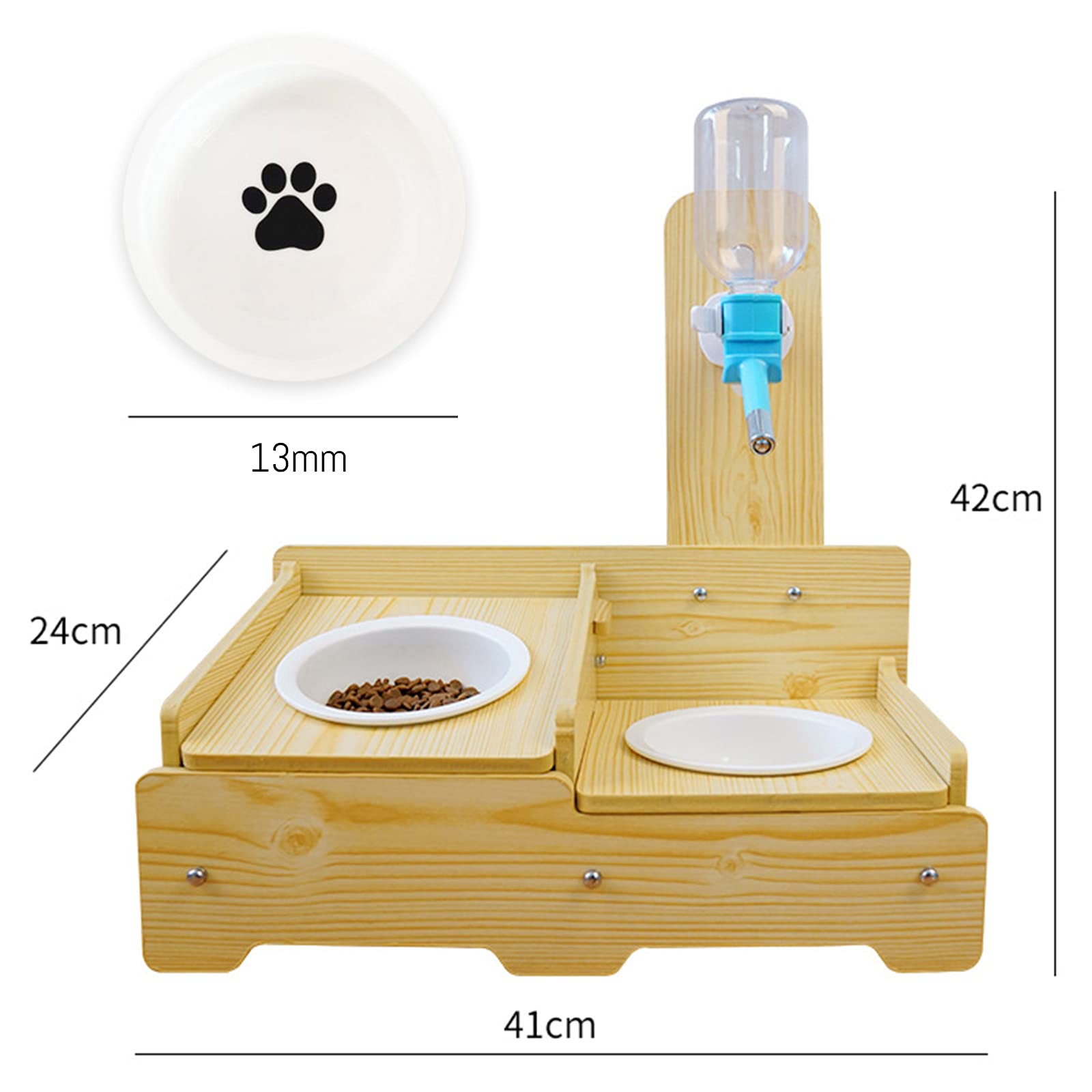 Erhöhter Fressnapf Für Katzen Und Hunde,Katzennapf Hundenäpf/Futternapf Aus Porzellan Mit Automatischer Wasserflasche,Holz, Doppel-Fressnapf, Futterstation, Futternapf-Halterung