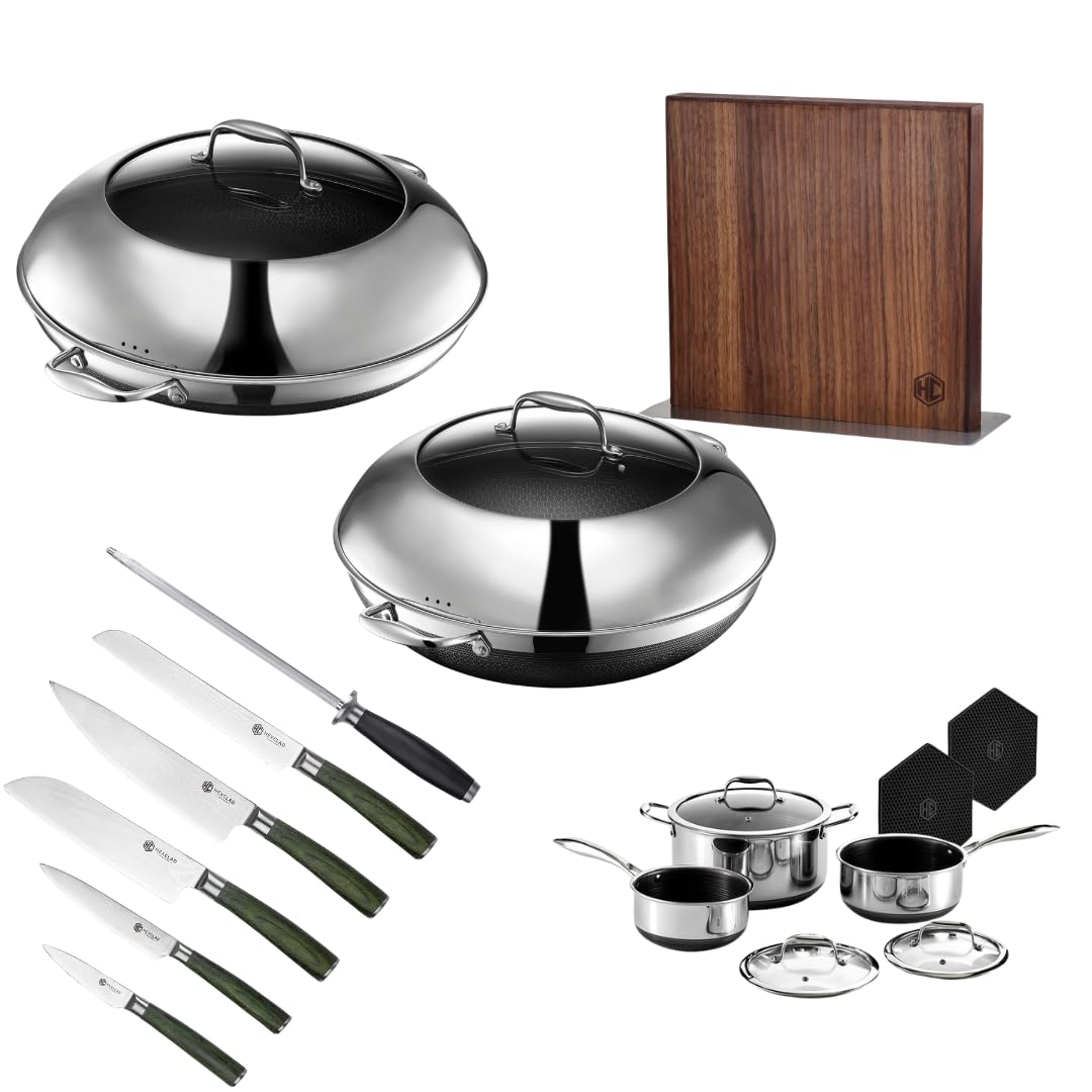 HexClad Hybrid Nonstick 19-Piece Cookware Set 14 Pan with Lid 14 Wok with Lid 6-Piece Essential Knife Set