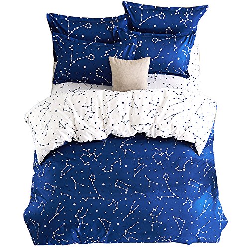 Esydream Home Bedding,Blue Color Constellation 4Pc Duvet Cover Sets,Space Style Kids Bedding Sets,Cotton & Microfiber (No Comforter),Twin Size (4Pc Set) #TOP4
