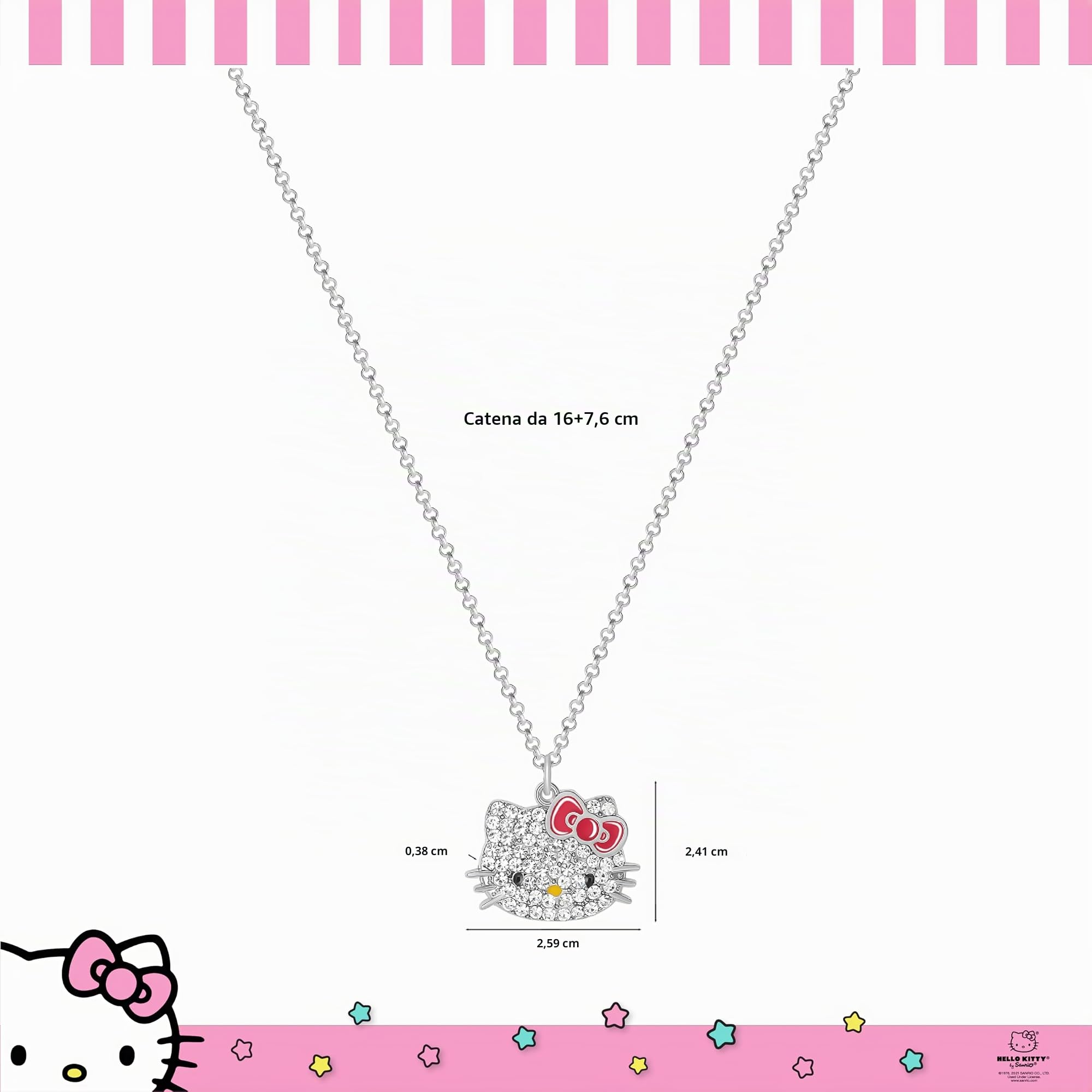 Hello Kitty Sanrio - Collana con ciondolo a pavé da 40,6 cm + 7,6 cm, con licenza ufficiale, gioiello per ragazze
