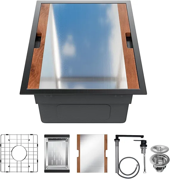Tysun 15 Bar Sink Undermount with Faucet, 15x18.5 Inch Matte Black Bar Prep Sink, Black Stainless Steel Kitchen Sinks Single Bowl with Cutting Board & Faucet