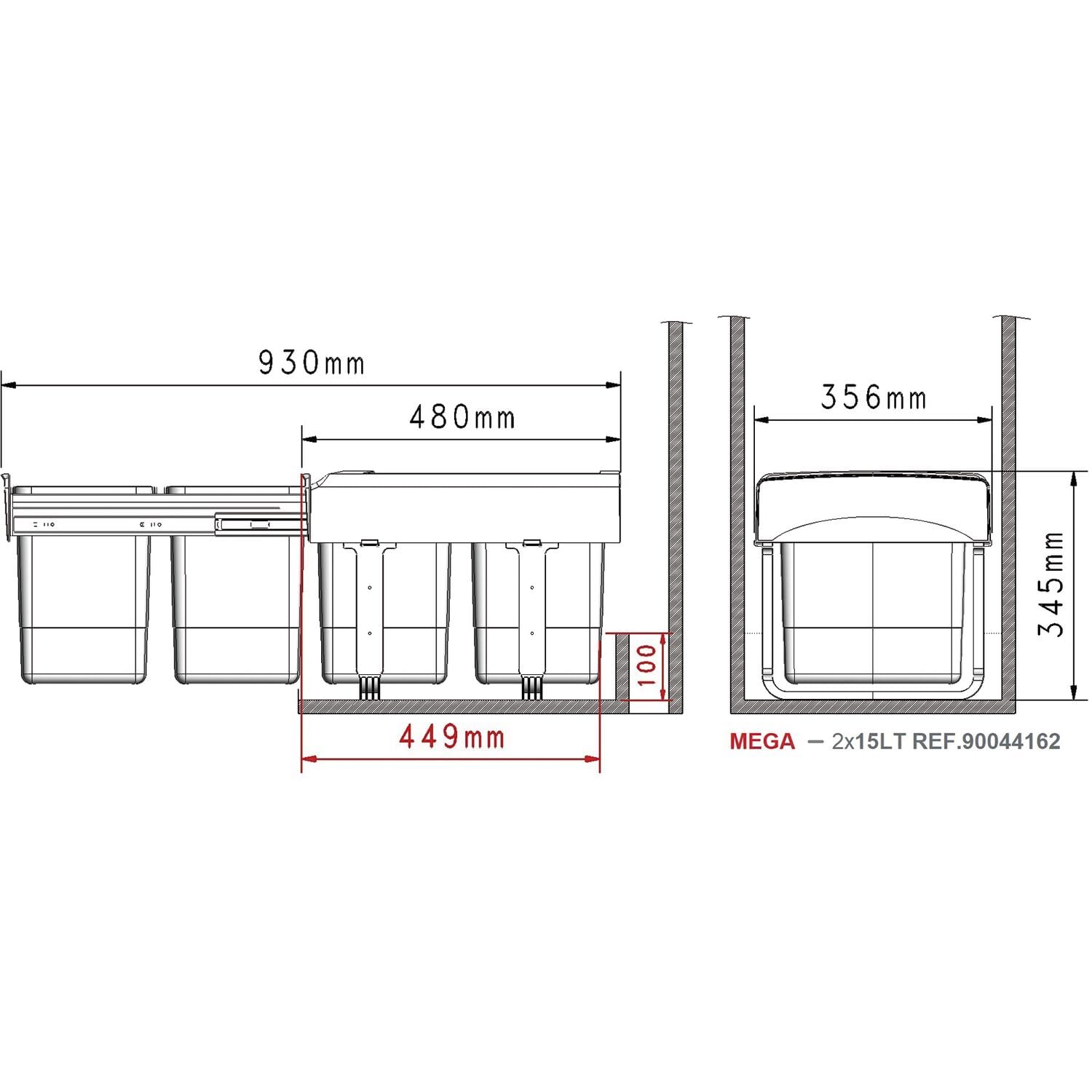 EKOTECH Pattumiera da incasso Mega 40, 2 x 15 litri, in plastica, colore: grigio