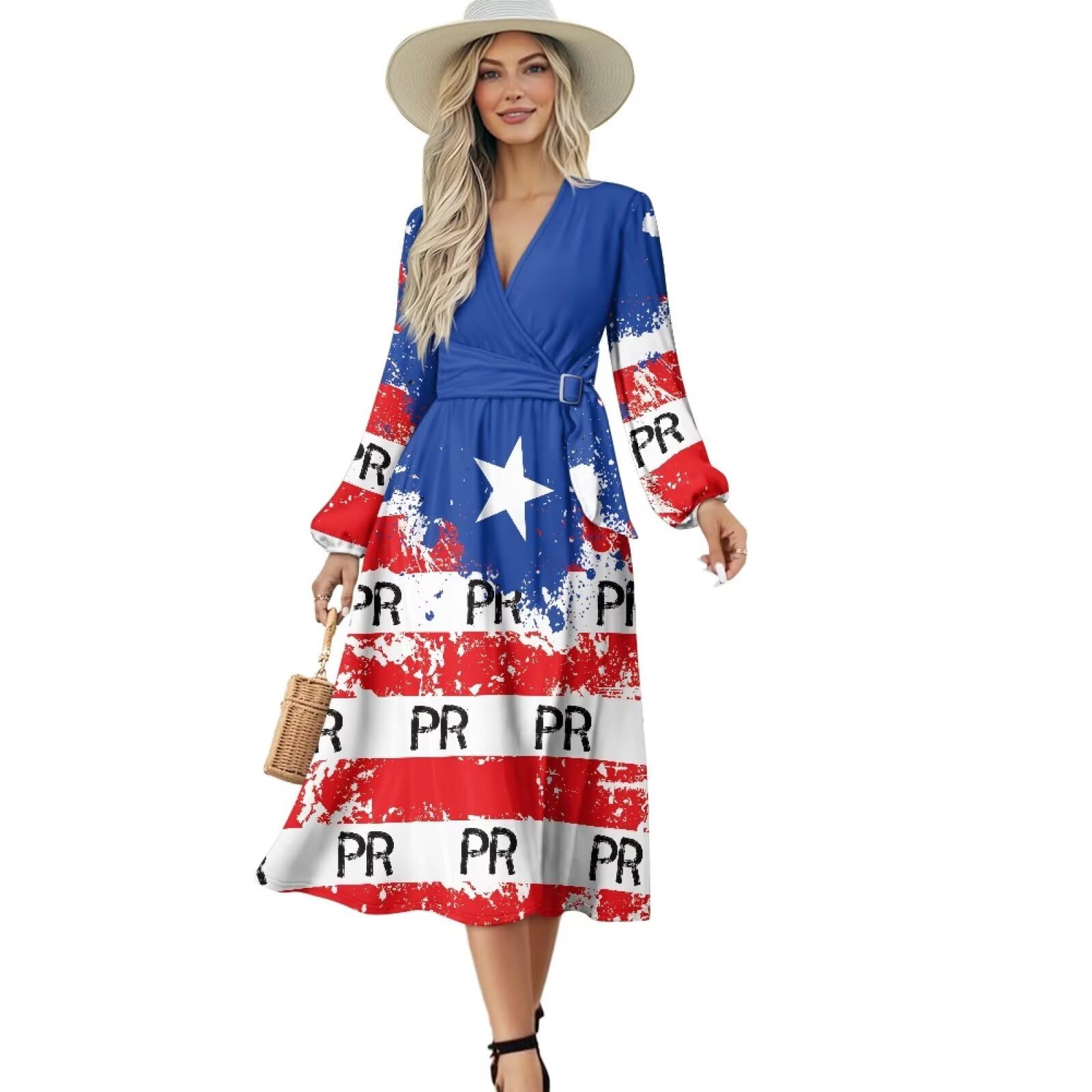 Womens V-Neck Long Sleeve Tie Dress Midi Dresses Wrap Waist Dress for Party Wedding Guest Cocktail