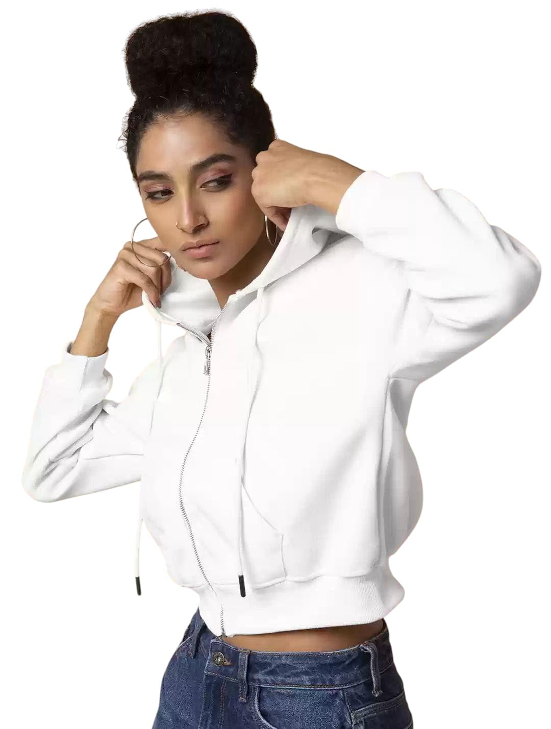 Soft Fleece Solid Long Sleeve Drawstring Crop Zipper Jacket Hooded Full Zip Up Sweatshirt for Women's Girl's Winter Wear Crop Hoodie-picture-58