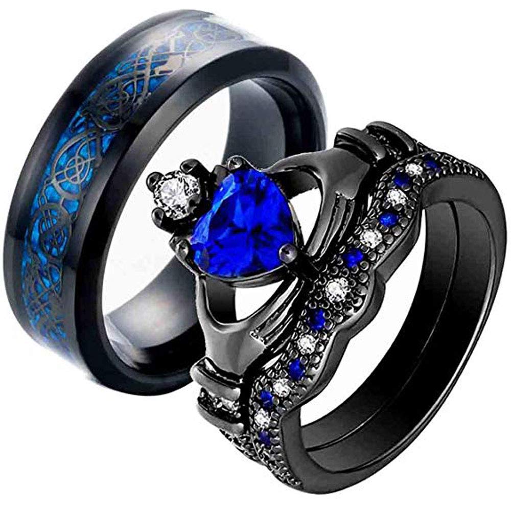 Couple Rings Heart Cut Blue Cz 2pc Womens Wedding Ring Sets Black Gold Filled 8mm Stainless Steel Mens Wedding Band【Buy Two Rings for One Pair】