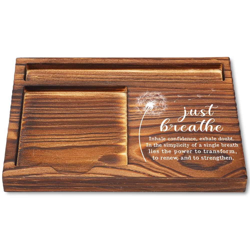 Just Breathe Affirmation Sticky Note Holder, Inspirational Wooden Desk Gift for Women, Mindfulness Office Decor with Dandelion Art, Self Care