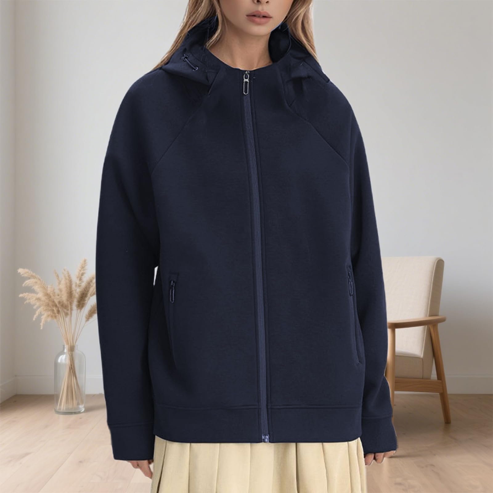 Damen-Arbeitsjacke mit langen Ärmeln Damen-Lederjacke in Übergröße mit Reißverschluss Kapuze aus weichem Fleece Oversize-Pullover für Herbst und Winter lässige Oberbekleidung im Streetwear-Stil