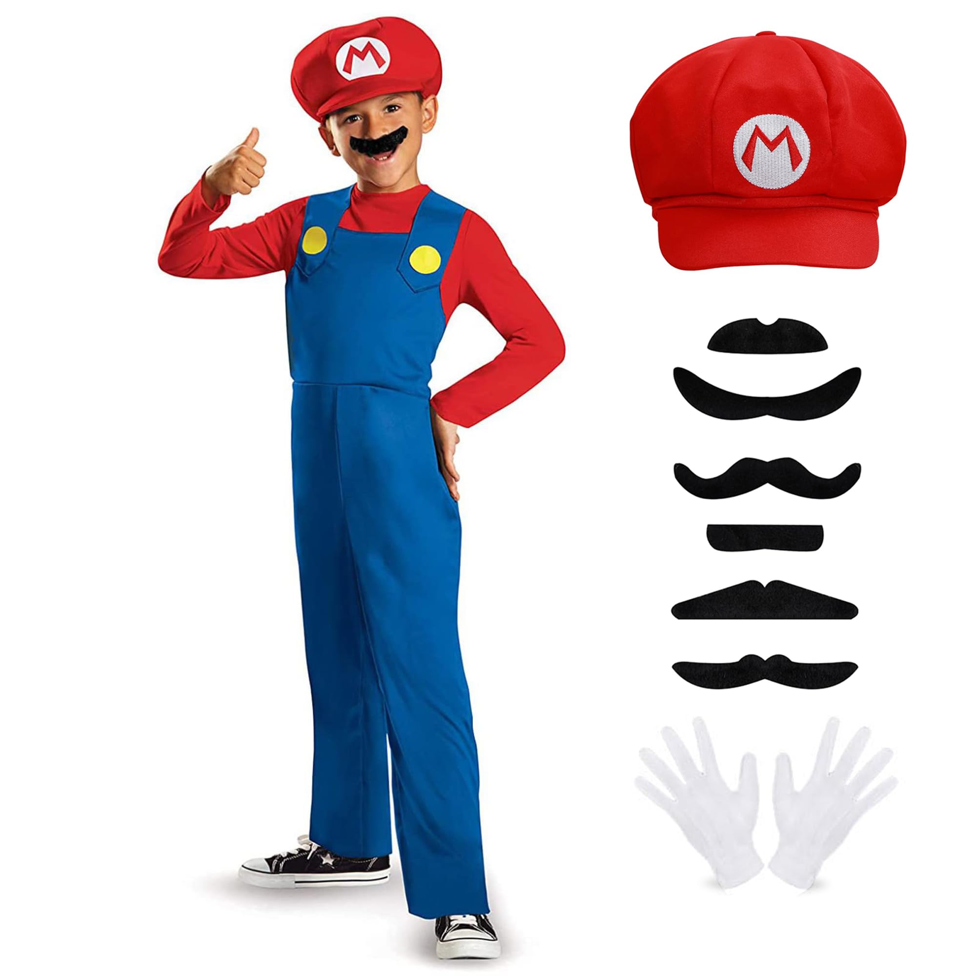 Mario Costume for Kids, 10PCS Mario Fancy Dress Costume with Jumpsuit Bodysuit, Mario Hat, Beard and Gloves, Super Mario Dress Up Mario Costume Kids Boys Girls for Halloween Cosplay Party, 3-12
