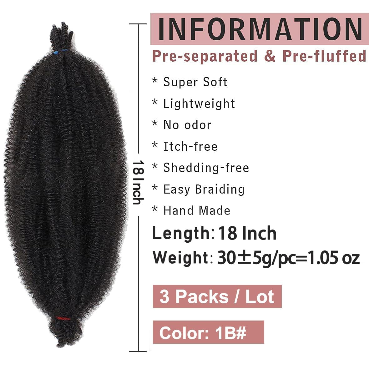 Xtrend 3 Packs Pre Separated Springy Afro Twist Hair 18 Inch Pre Fluffed Marley Twist Crochet Braiding Hair Synthetic Extensions (5 Strands/Pack,1B#) - Image 2