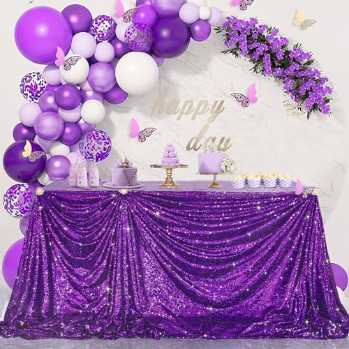 Image of B-COOL Glitter Tablecloth Halloween Table Cloths Purple Sequin Tablecloth for Wedding Birthday Banquet Decorations Dessert Cake Table Fabric Carnival Square Tablecloth