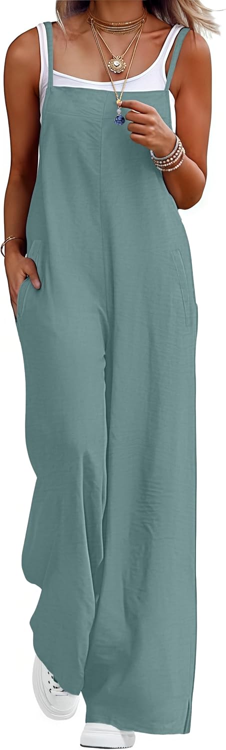 Lepunuo Womens Casual Loose Jumpsuits Summer Boho Wide Leg Rompers Sleeveless Overalls with Pockets