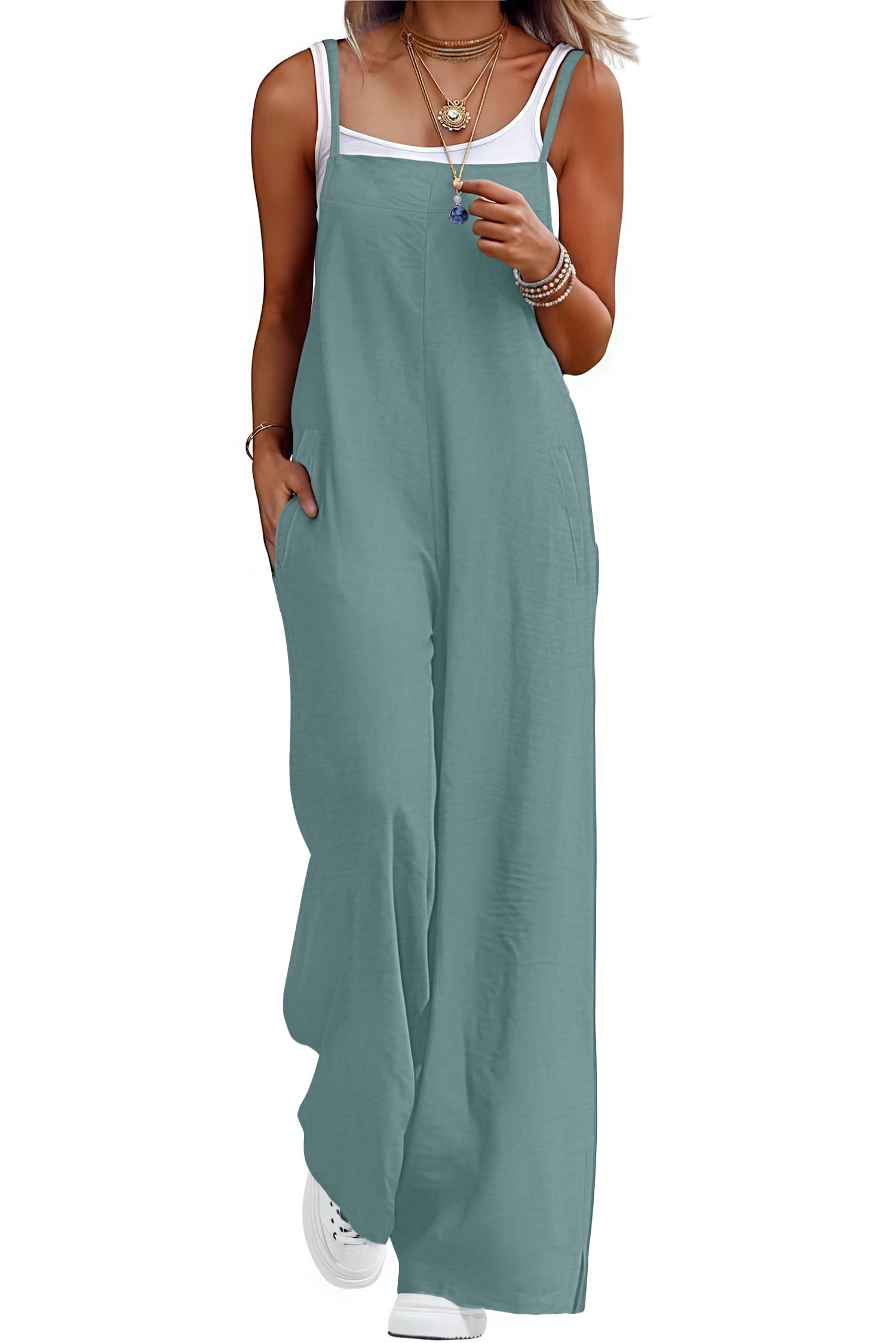 Lepunuo Tuta casual da donna, estiva, stile bohémien, a gamba larga, senza maniche, con tasche