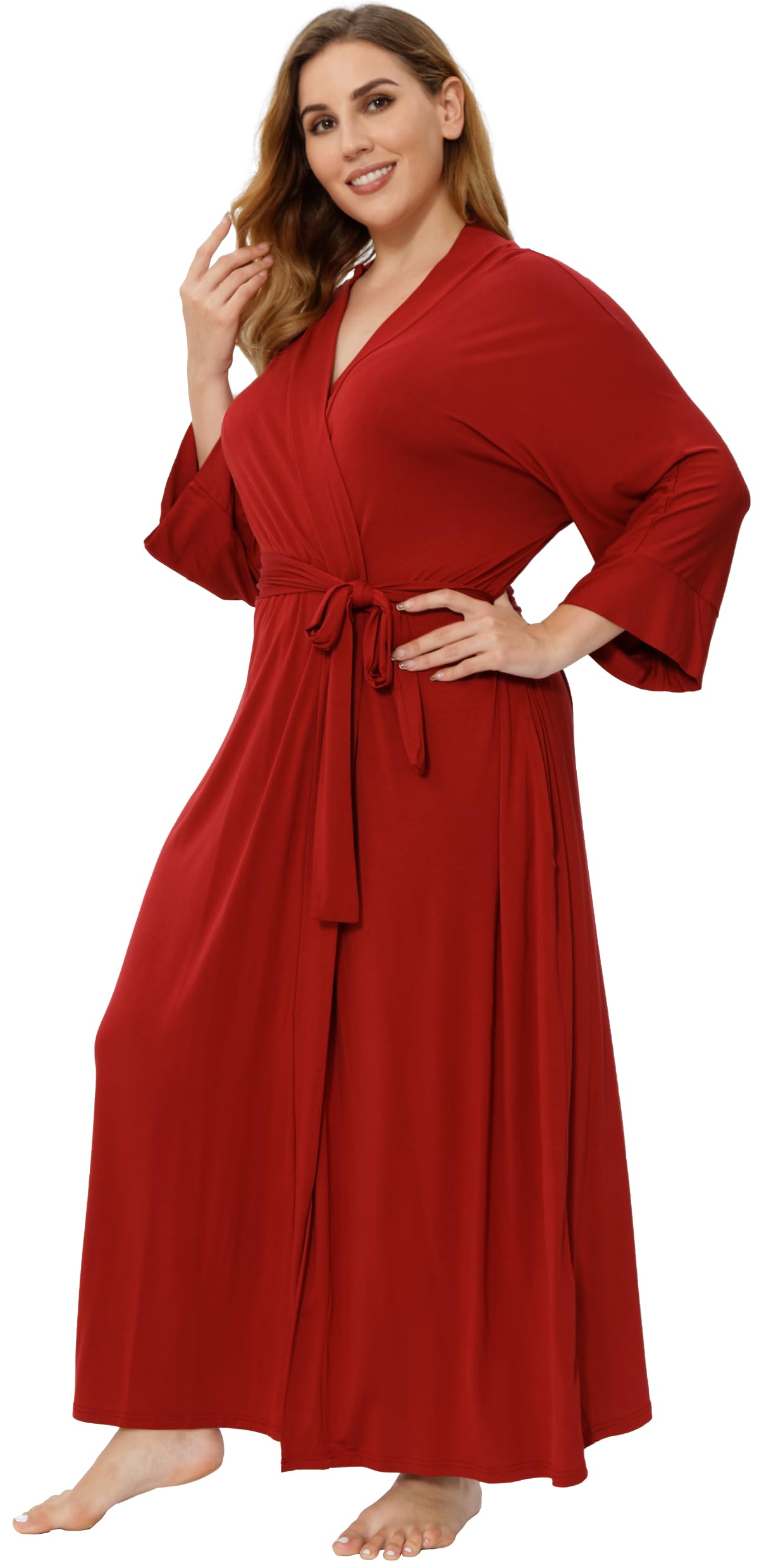 Women's Plus Size Cotton Kimono Robes Soft Long Knit Bathrobes Lightweight Sleepwear V-Neck Ladies Loungewear