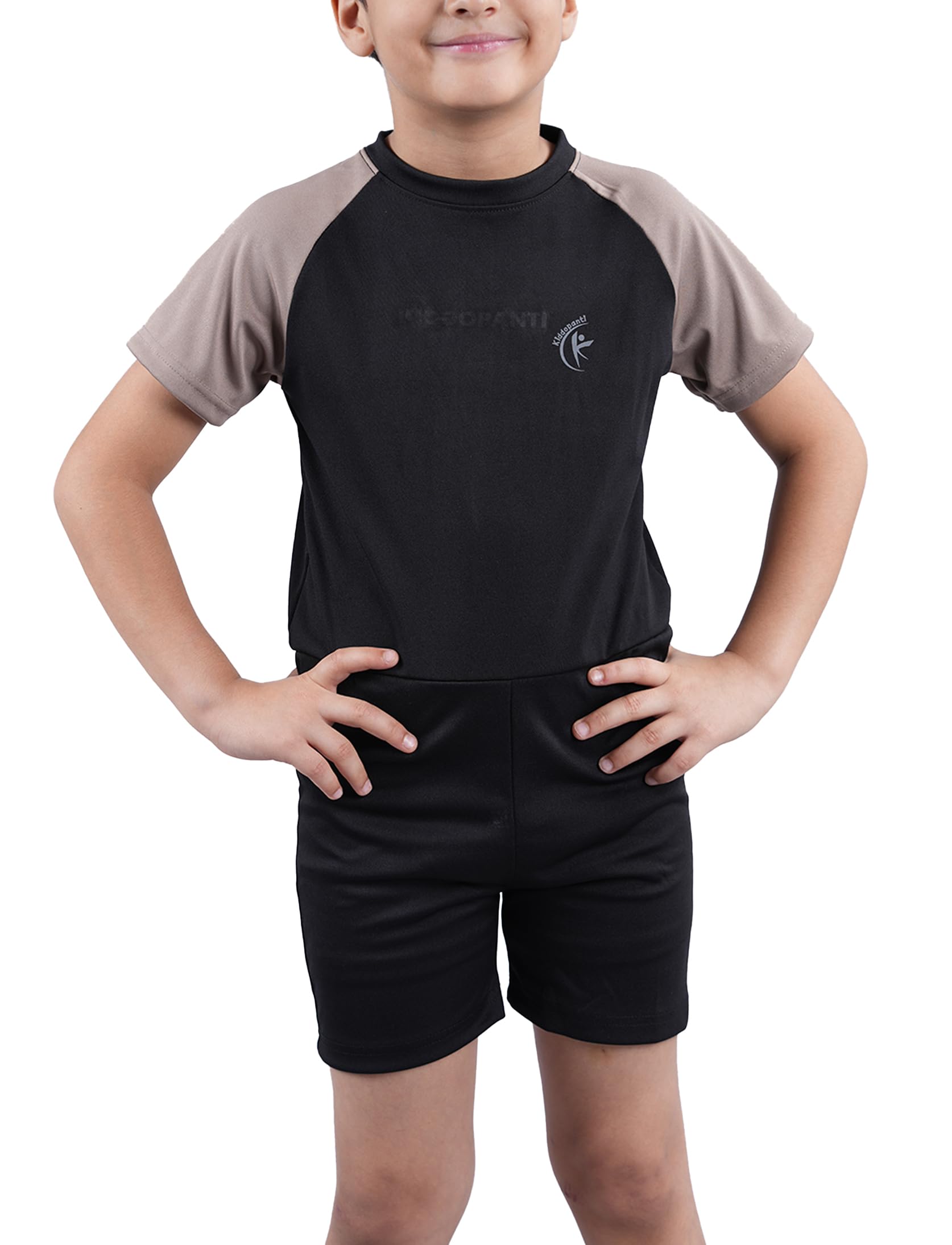 KiddoPanti Boys & Girls Half Sleeve Mid Thigh Length Swim Suit, Black & Lt Brown, 3-4Y - Image 3 thumbnail