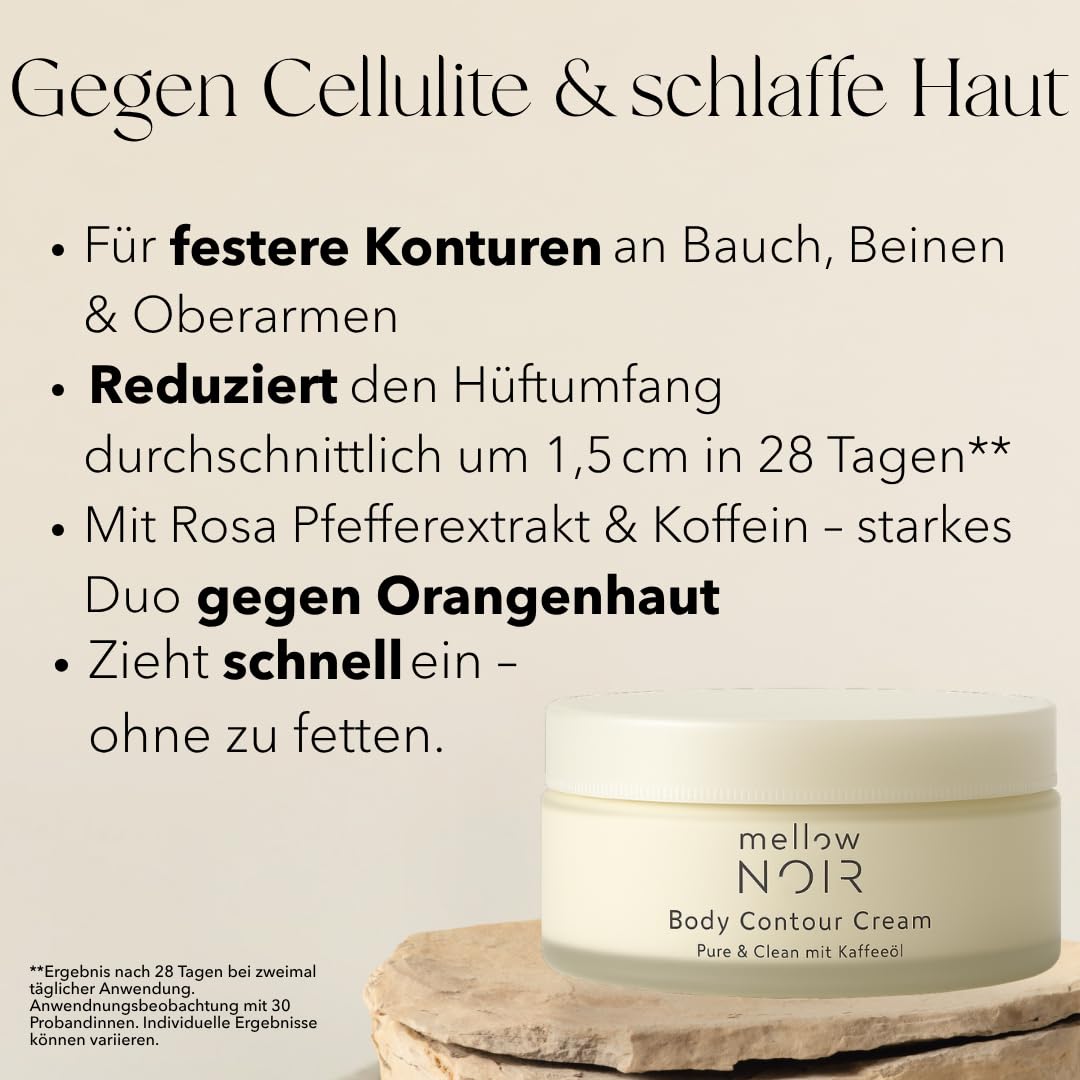 mellow NOIR Body Contour Cream 200ml – Körpercreme gegen Cellulite und Schlaffe Haut – Für feste Konturen an Bauch, Beinen und Oberarmen – zieht schnell ein ohne zu fetten – Naturkosmetik - vegan