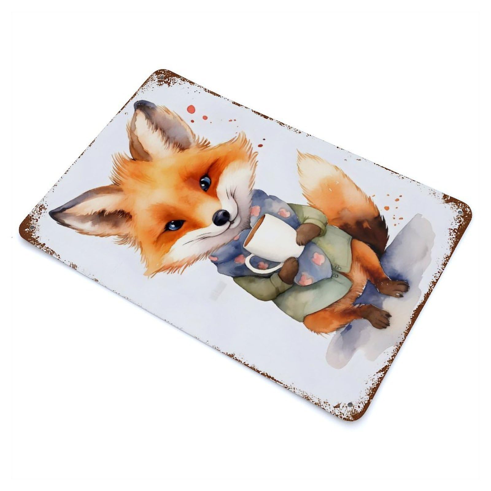 Fox with Coffee Vintage Metal Tin Sign 11.8"x7.9", Retro Wall Decor for Office, Studio And Wall Decor