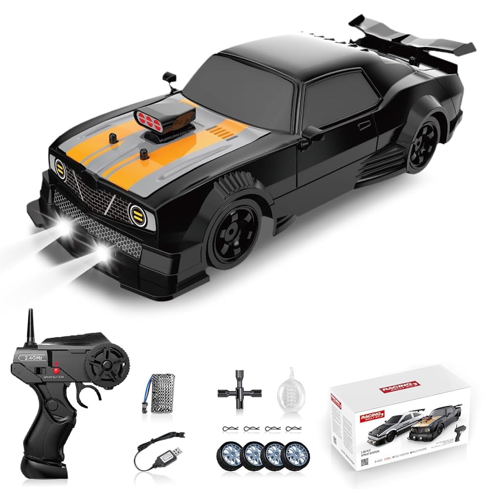 ROYAL DEALS 1/16 4WD RC Drift Car, 2.4GHz 4WD Remote Control Car, 18KM/H+ High Speed, LED Lights, Sprayer, Rechargeable Battery, Extra Tires, Unisex Children (8+), Black-image-0