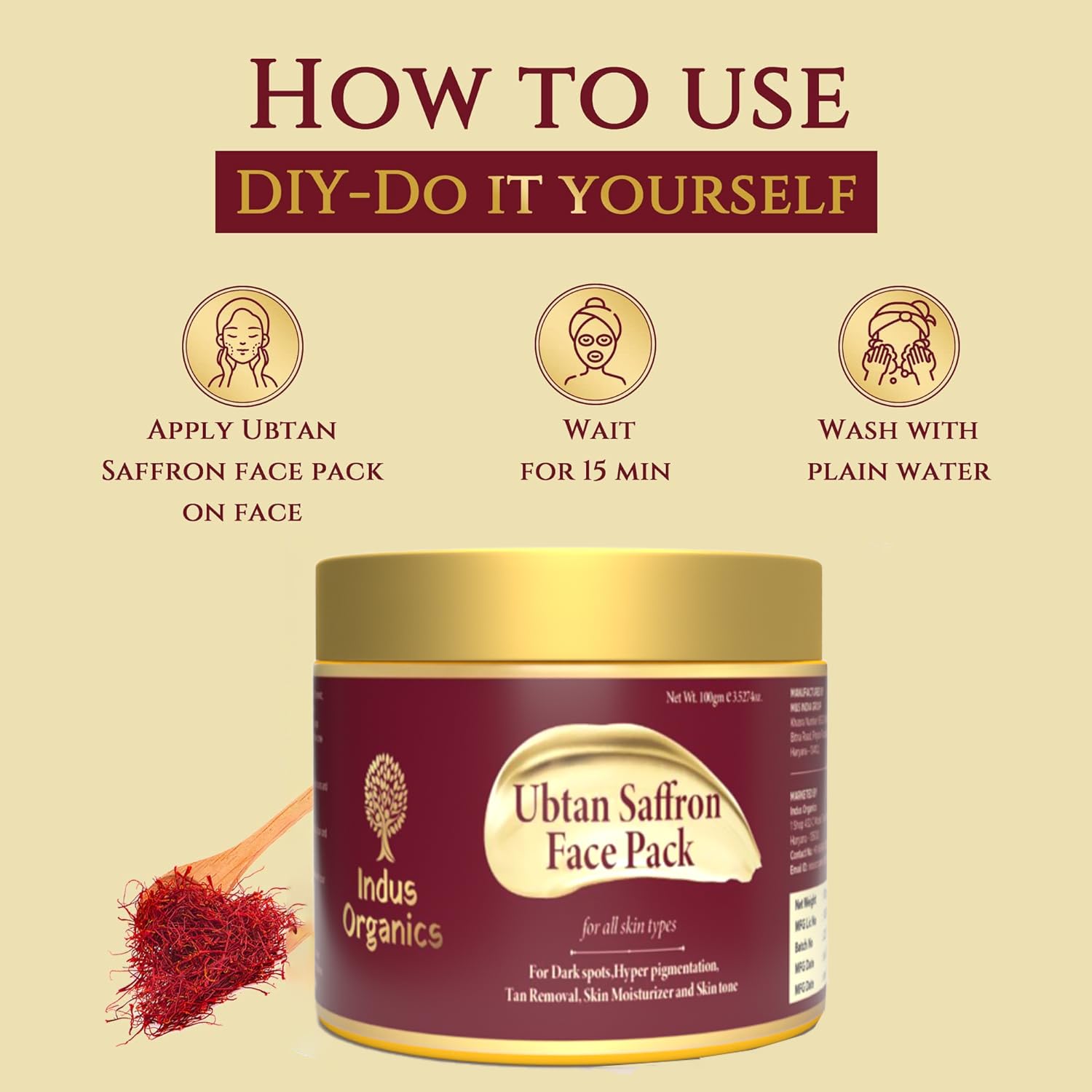 Indus Organics Ubtan Saffron Face Pack/Face Mask for Glowing Skin, detan pack for tan removal & Hyperpigmentation, Dark Spots & Radiant Complexion |100 ml | 3