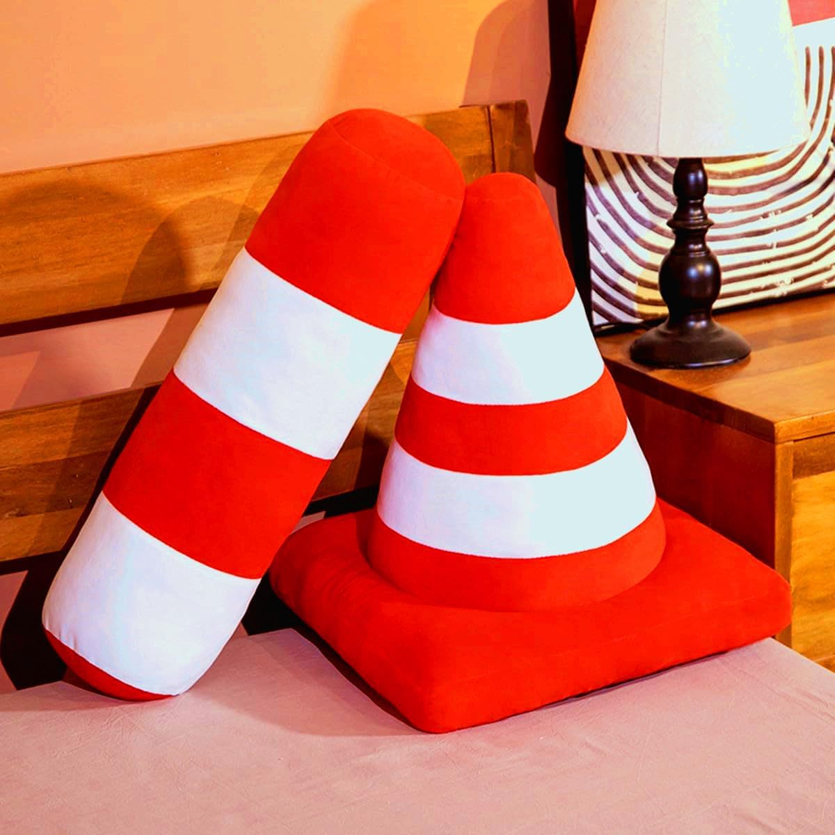 Creative Road Cone Plush Safety Traffic Pillow Soft 3D Simulation Wheel Tire Pillow Racing Room Traffic Cone Shaped Throw Pillow Cute Red Roadblock Plush Pillows for Car Home Decor (Cone++Wheel)
