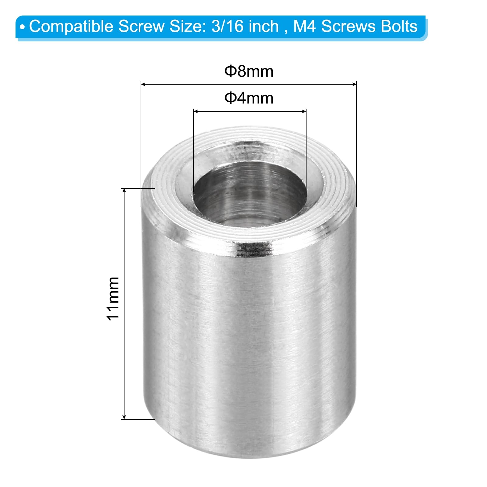 PATIKIL M4 Stainless Steel Spacers, 12Pcs Metal Spacer 4mm ID x 8mm OD x 11mm L Screw Standoff for 3/16" or M4 Screw - Image 2