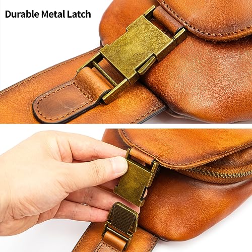 NIUCUNZH Genuine Leather Sling Bag Front Metal-Latch Crossbody Bags Handmade Vintage Chest Shoulder Backpack for Women Men Brown3