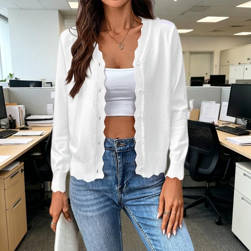 Générique Bolero Femme Chic et Elegant,Gilet D'Été Léger en Maille de Soie Glacée pour Femme Pull À Col en V Boutonné sur Le Devant Boléro Bord Festonné Maille Côtelée Idéal pour Les Vacances La Pl