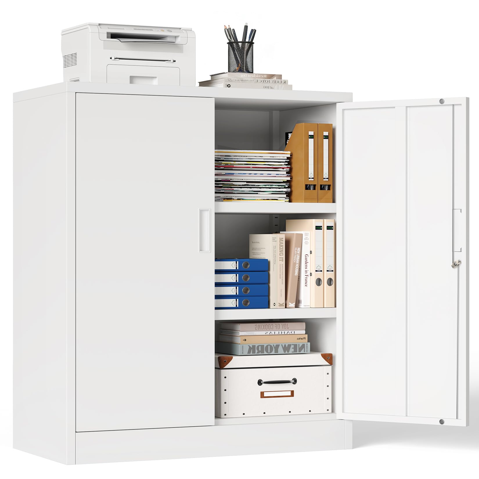 Armario para archivos, armario de oficina con 2 puertas, armario con cerradura, armario de almacenamiento de acero, armario con cerradura, 2 estantes ajustables en altura para oficina, garaje (blanco
