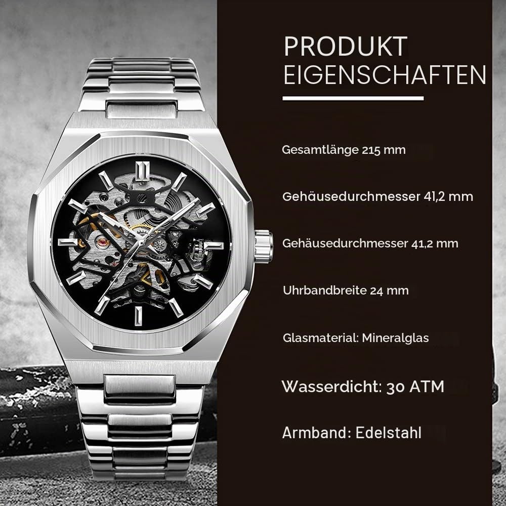 Tiong Mens Watch Luxury Skeleton Mechanical Stainless Steel Waterproof Black Automatic Self-Winding Wrist Watches for Men