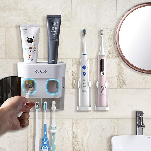 BesLife 2 Automatic Toothpaste Dispenser Wall Mounted, Come with 2 Electric Toothbrush Holder, with Dustproof Cover, 4 Toothbrush Slots for Shower Bathroom
