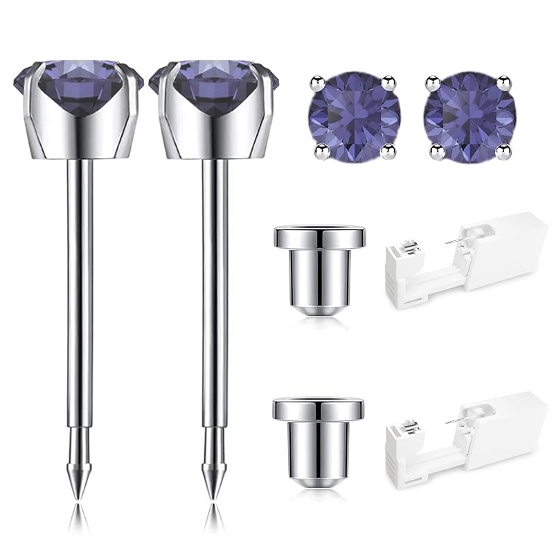 Kit descartável para piercing de orelha SugarTang com pistola e pino de zircônia cúbica CZ de 4 mm, pacote com 2