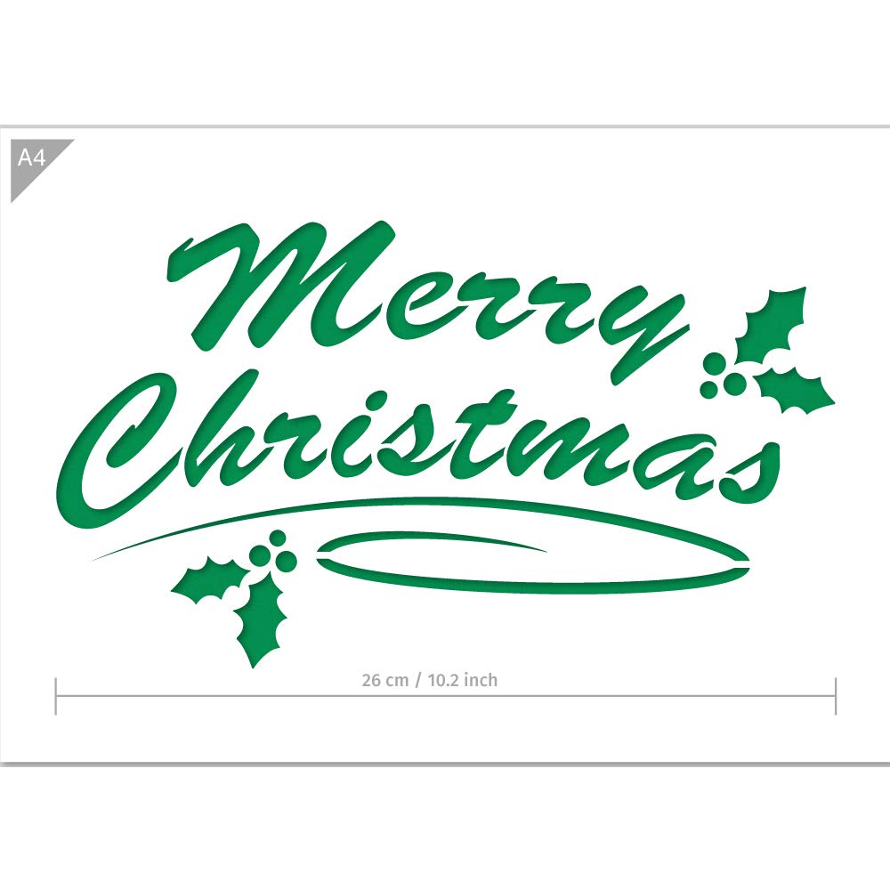 QBIX Merry Christmas Stencil - A4 Size - Christmas Decoration - Reusable Kids Friendly Stencil for Painting, Windows, Crafts, Wall, Furniture