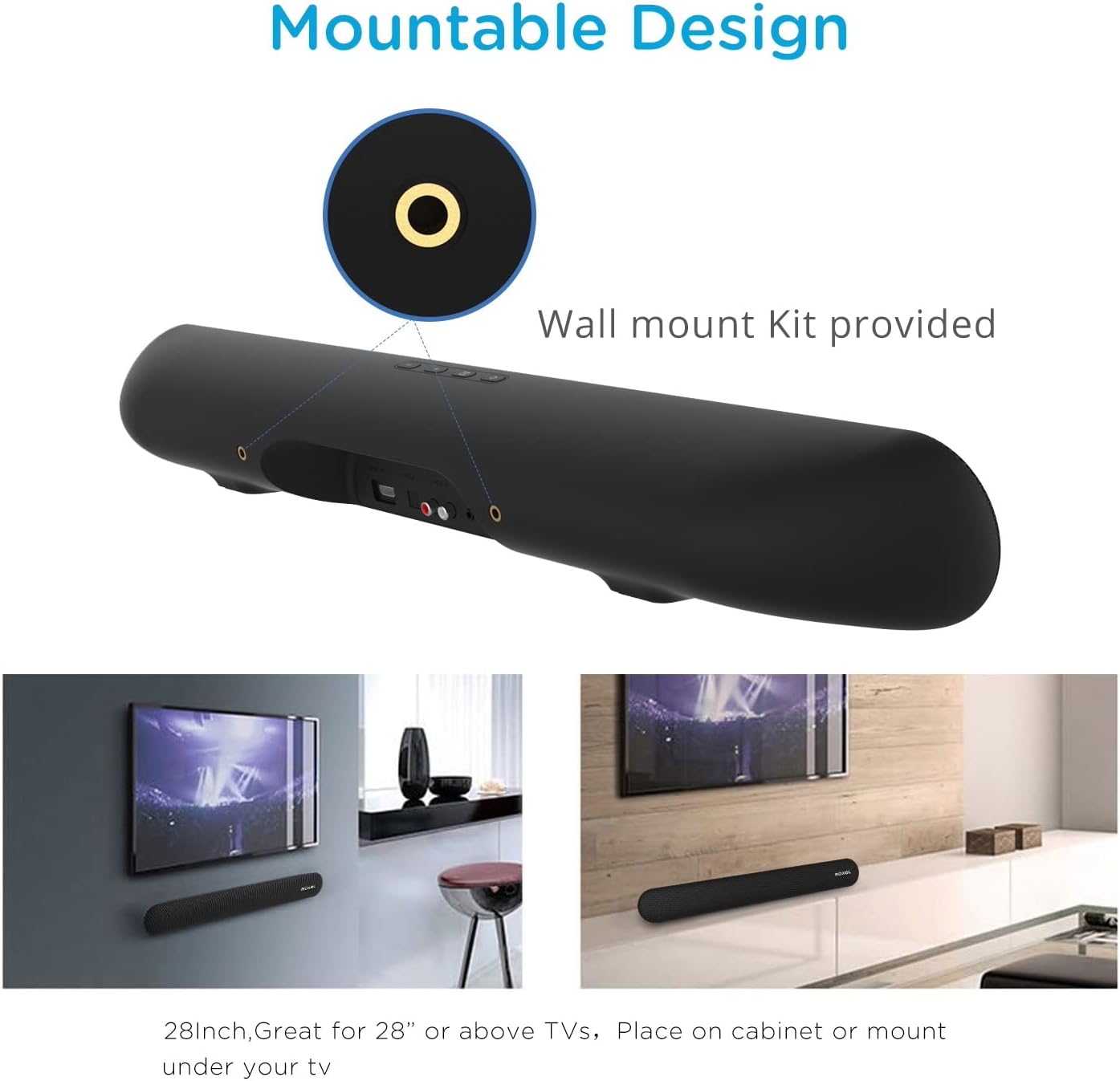 Image showing the rear of the Roxel RSB380 Soundbar with input ports and a detail of the wall mount screw hole. Below are two examples: one showing the soundbar wall-mounted below a TV, and another showing it placed on a cabinet.