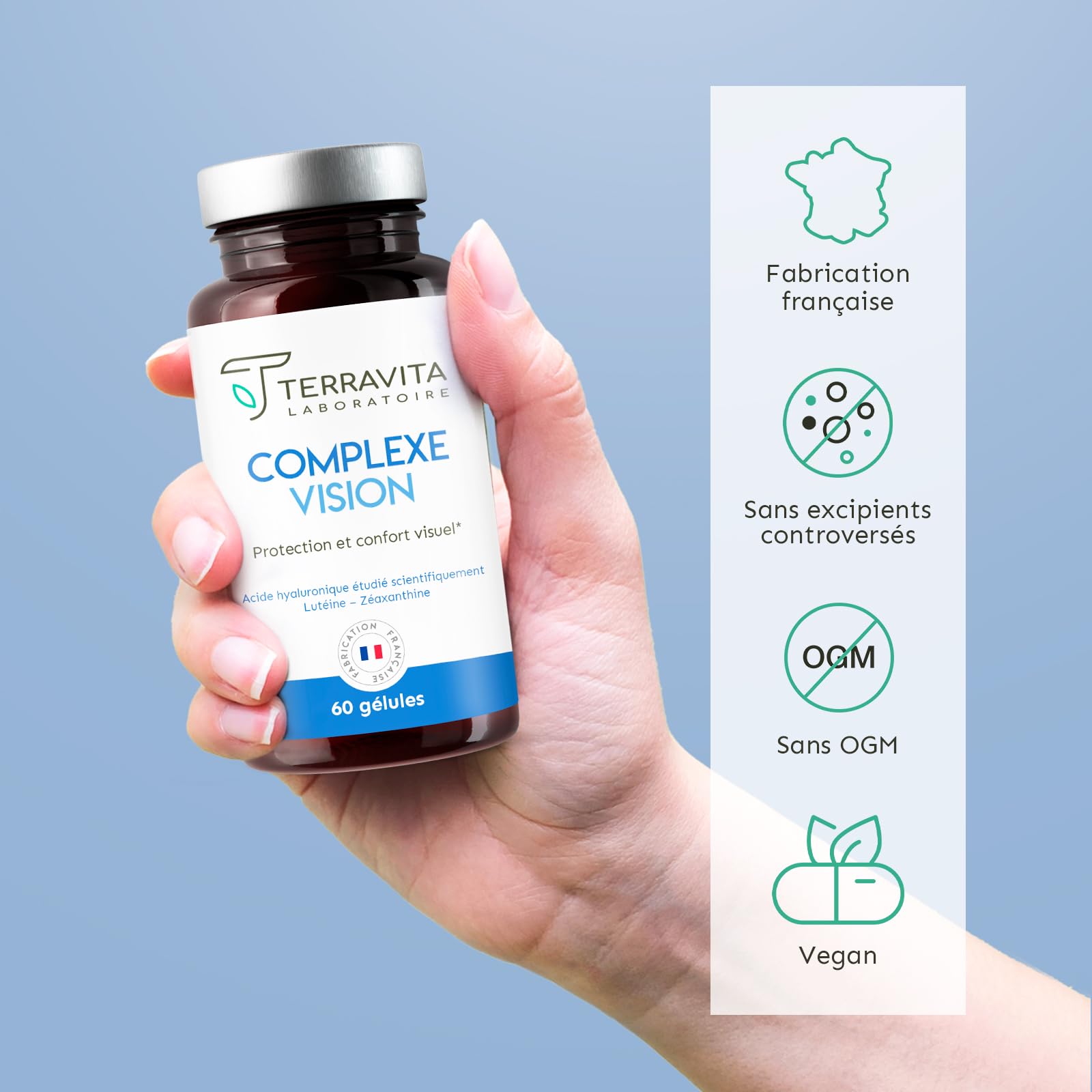 COMPLEXE VISION | Complément Alimentaire Yeux Secs et Fatigués | Acide Hyaluronique Breveté, Lutéine, Zéaxanthine, Myrtille, Vitamines et Zinc Bisglycinate | 60 Gélules | Made in France | Terravita