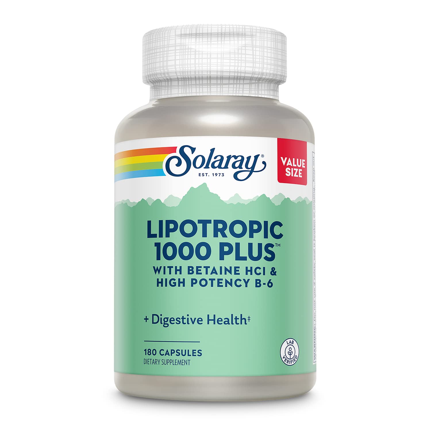 SOLARAY Lipotropic 1000 Plus with Betaine HCl & High Potency B-6, Healthy Digestion, Energy, and Fat Metabolism Support, Lipotropic Complex Plus Aloe Vera, 60 Day Guarantee, 30 Servings, 180 Capsules