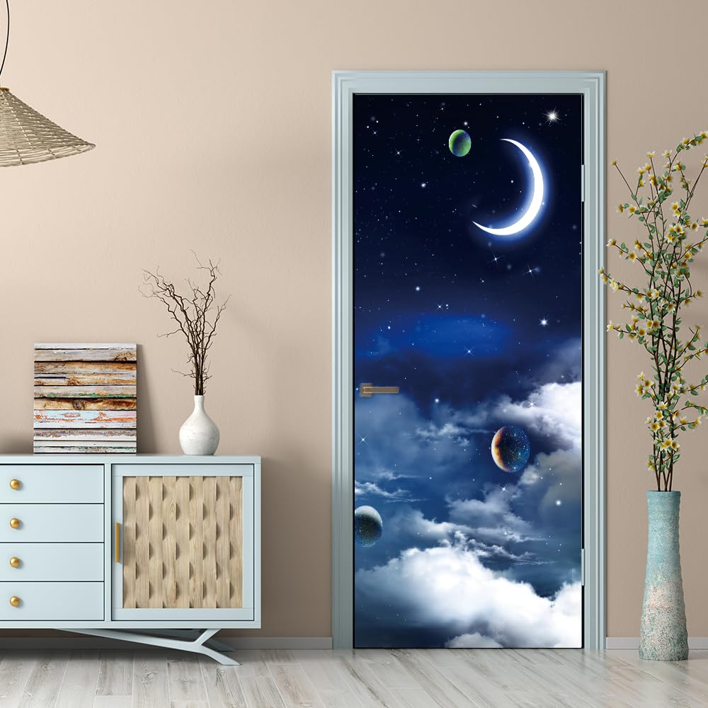 3d Stickers Porte Porte Scène lunaire de nuit noire Auto-AdhéSif Murale DéCoration De La Maison Stickers Muraux Chambre Salon Affiche Amovible Art Autocollants L90 x H210cm