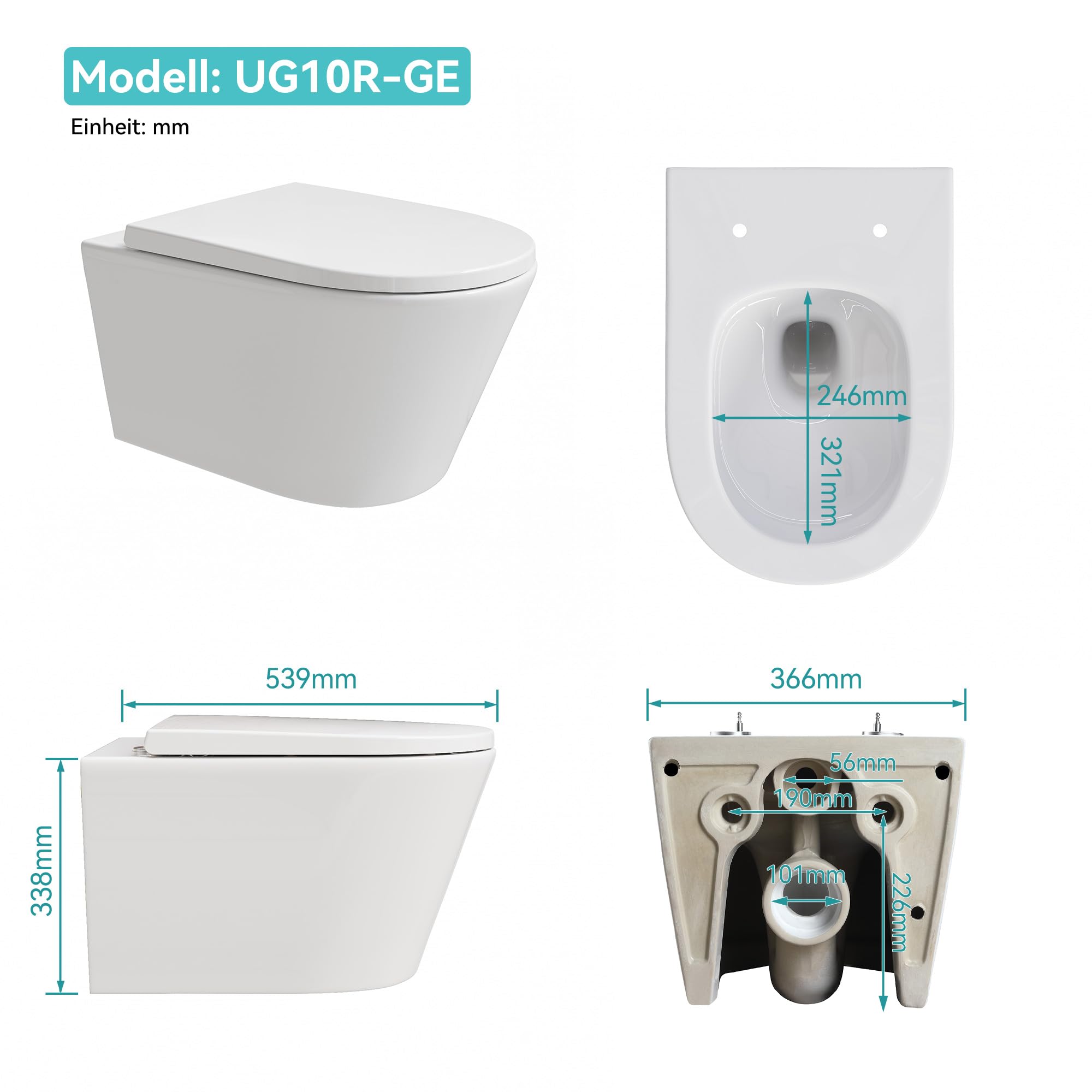 HOROW WC senza bordi con coperchio per WC, WC sospeso in ceramica, set di servizi igienici moderni, lunghezza 539 mm