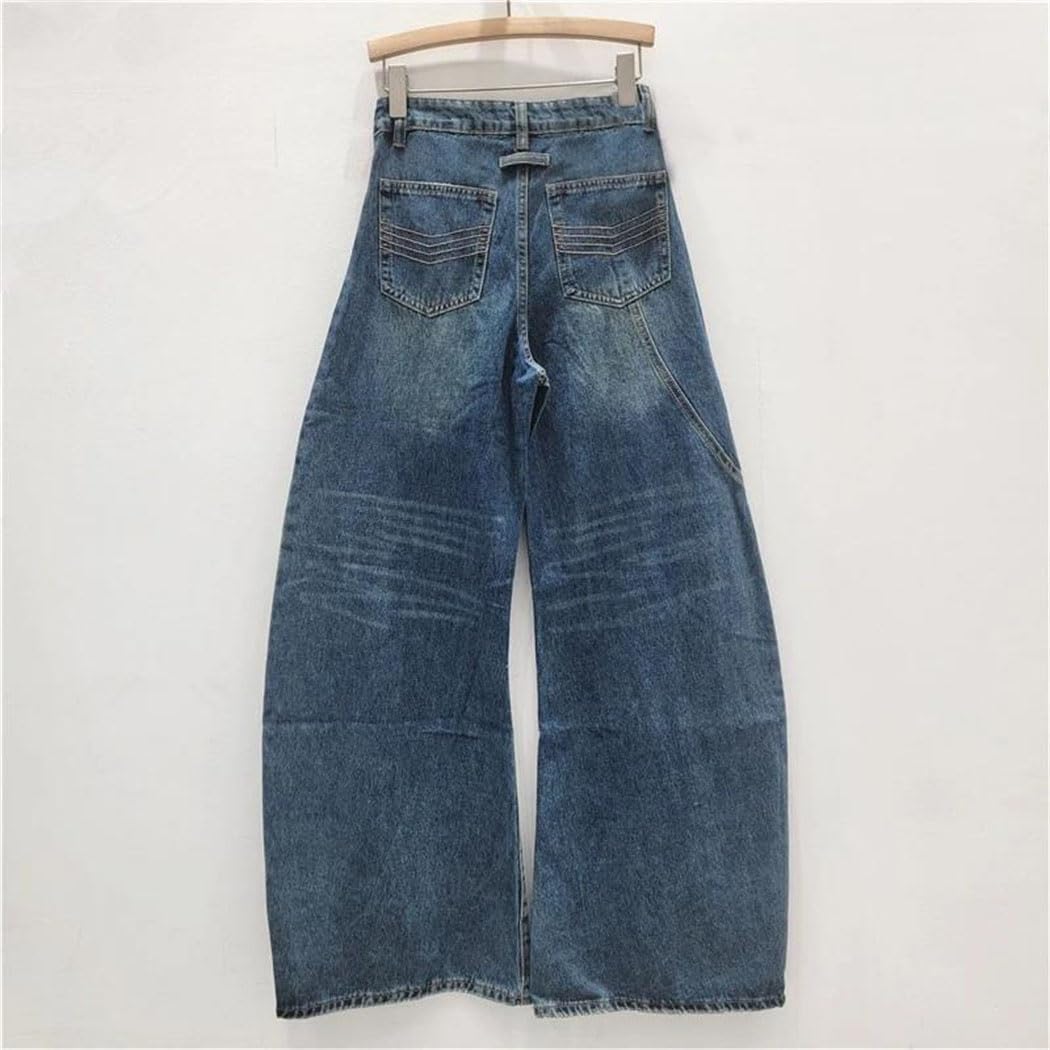 Women's High Waist Wide Leg Jeans with Decorative Buttons and Ribbon Ties Curved Hem Detail Denim Trousers