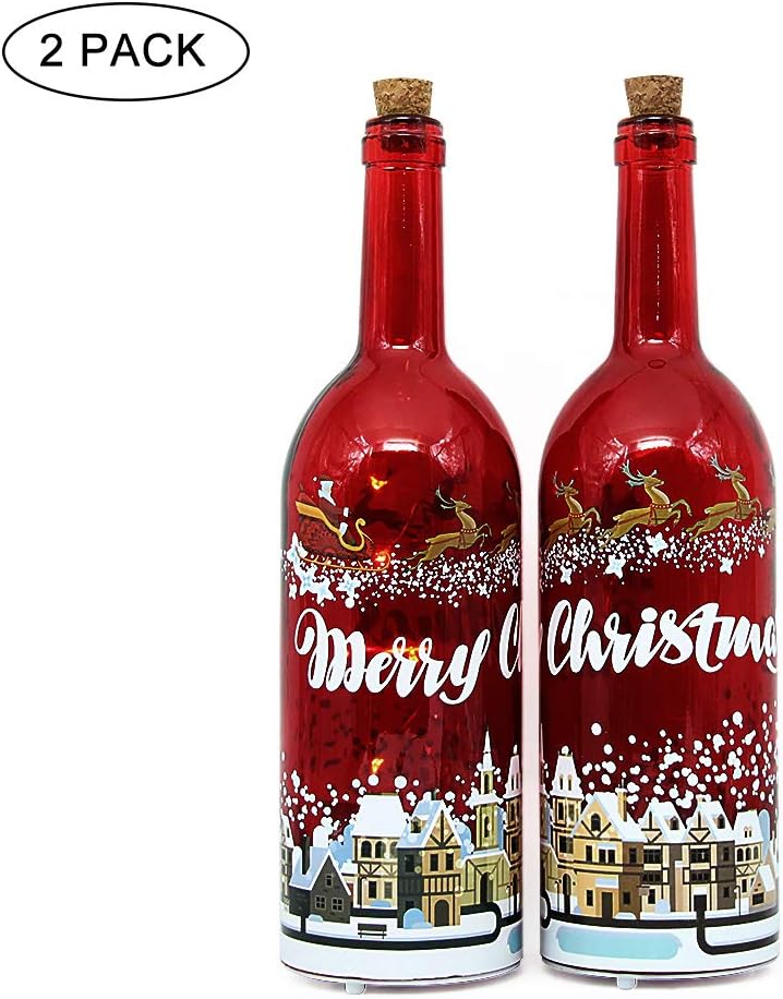 MJ PREMIER Christmas Decoration Wine Bottle Cork Lights Music Glass Bottle with Cork & LED String Lights Battery Operated Decor Table Lights for Christmas Holiday Party Home Décor(Red, 2 Pack)
