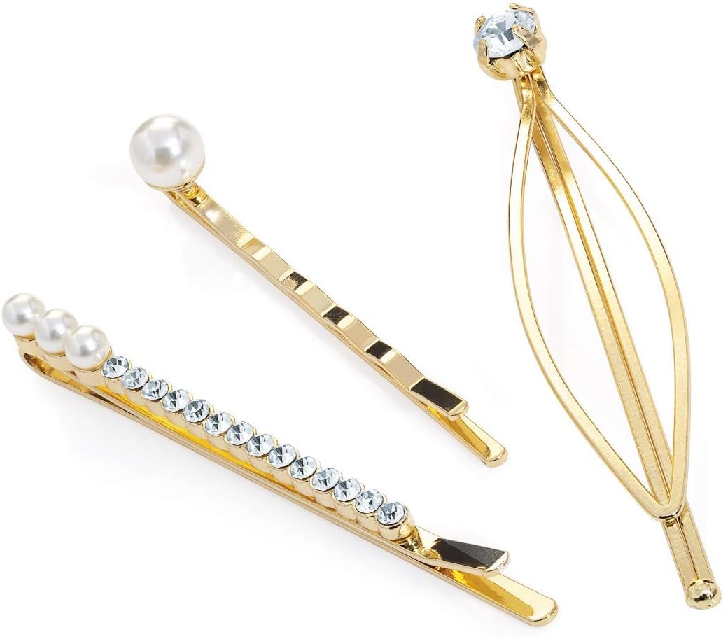Sufias Accessories 3 x Gold colour cream pearl effect Kirby Grips Slide Diamante Hair Clips