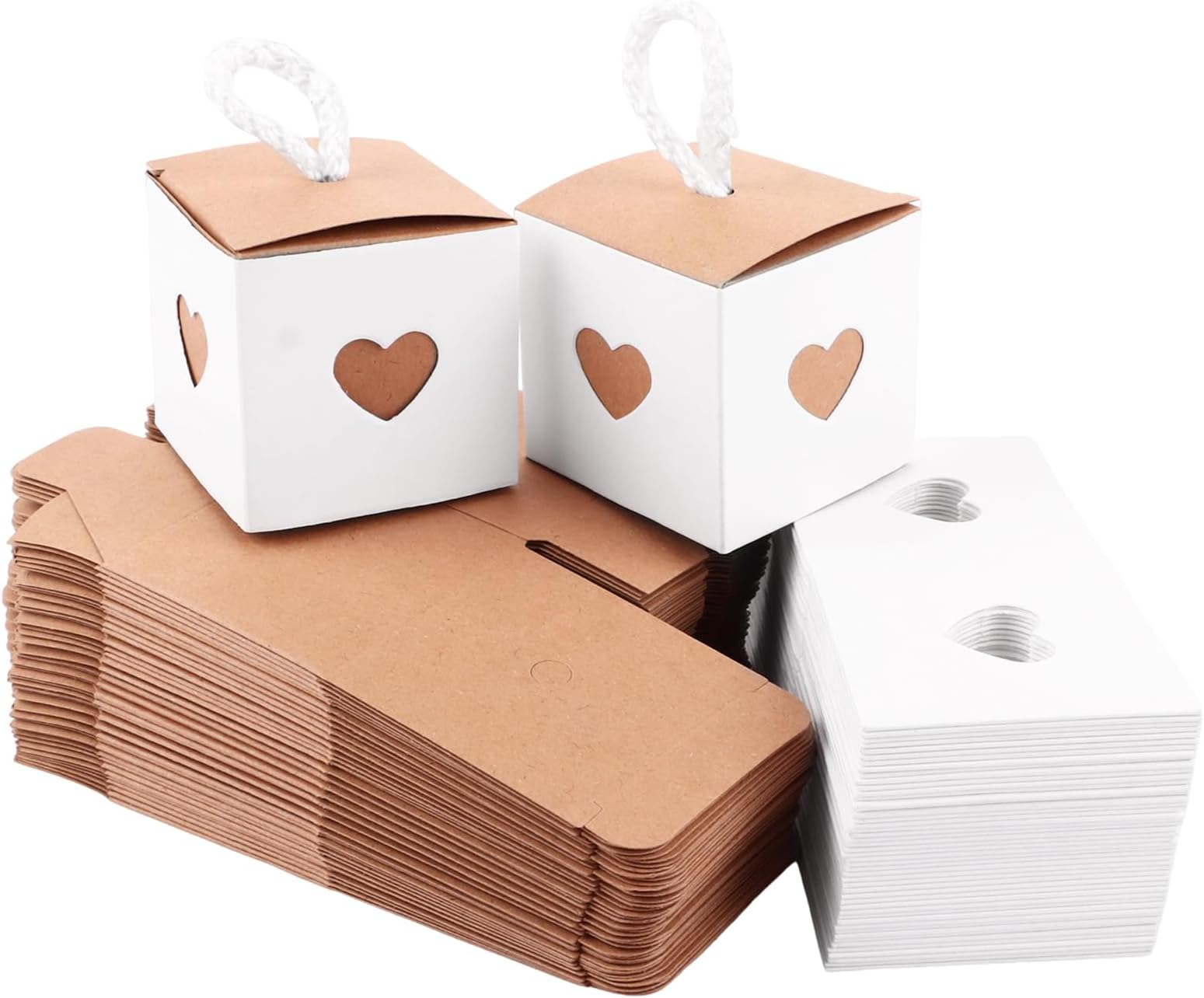 Pack of 100 Small Gift Boxes, 5.5 x 5.5 x 5.5 cm, Kraft Paper with Heart, Chocolate Box, Paper Boxes with Lid, Party Favours, Birthday, Wedding