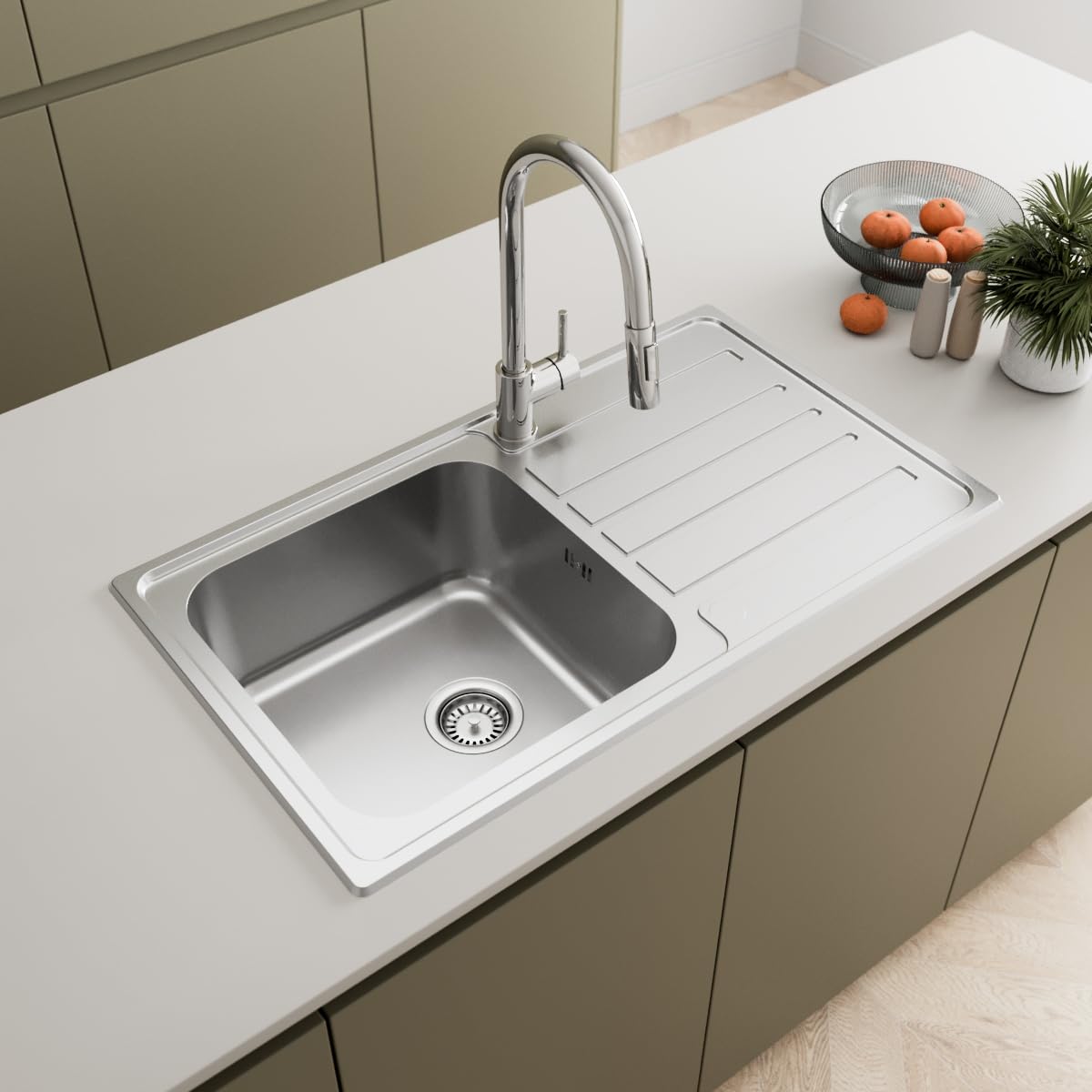 SรUBERยฎ 860 x 500mm Stainless Steel Kitchen Sink Single One 1.0 Bowl Inset Drop in Installation, Right Hand Drainer, 18/8 Grade Steel Sinks, Free Basket Strainer Waste
