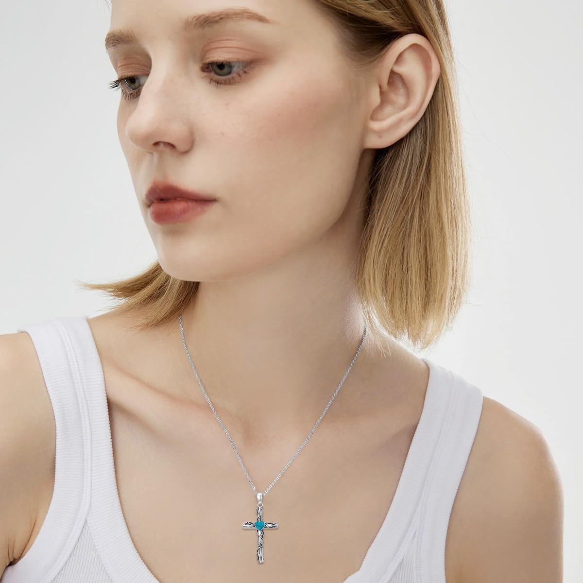 Genuine Turquoise Cross Necklace for Women 925 Sterling Silver Natural Turquoise Leaf Cross Pendant Boho Vintage Western Jewelry Gifts - Image 4