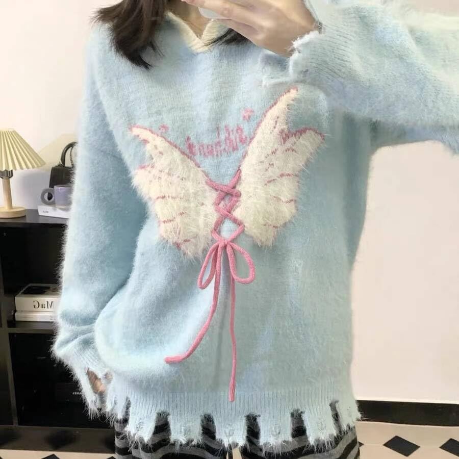 Girl Women's Knitted Sweater Butterfly Classic College Pullover Fashion Knit Lapel Jumper Tops2