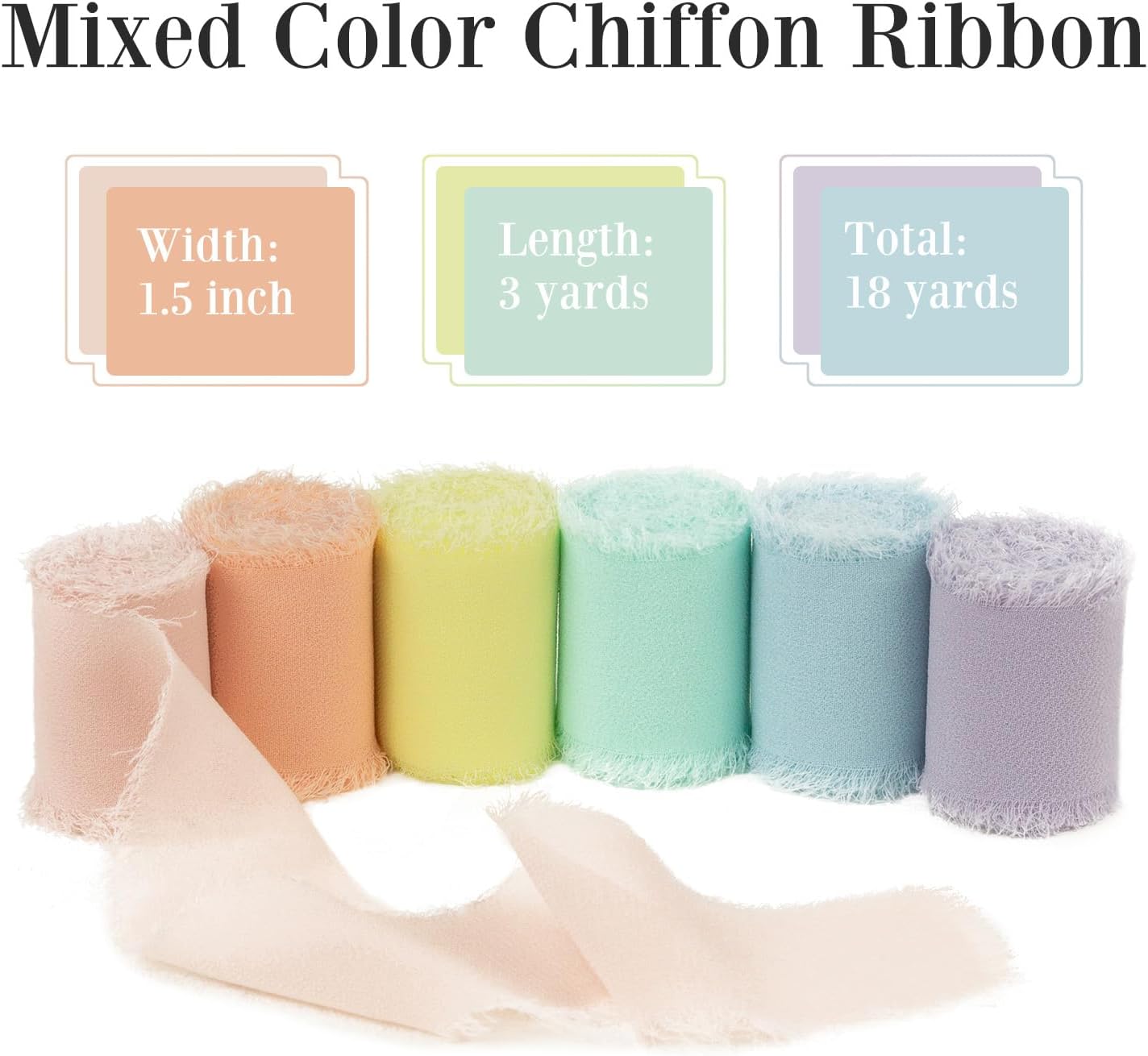 Pastel Macaron Chiffon Ribbon - 1.5 Inch x 3 Yds Colorful Frayed Silk Ribbon for Wedding Invitation, Flower Bouquets, Gift Wrapping, Bridal & Baby Showers
