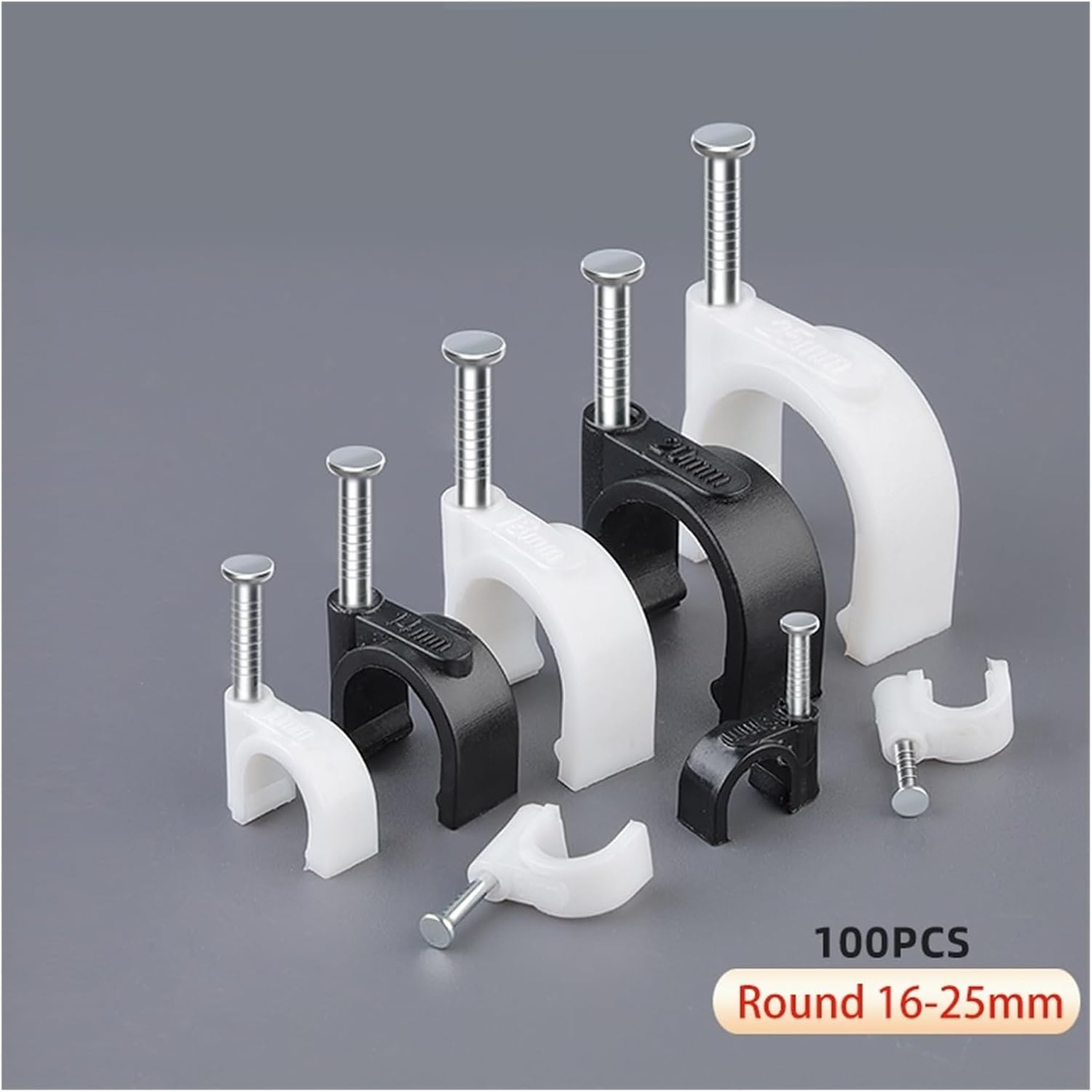 Nail Wire Clip 100PCS Plastic Round Cable Wire Clips 16/18/20/22/25mm Large Size Strong Electrical Cord Tie Holder Circle Climb Wall Nail Steel(16MM Black)