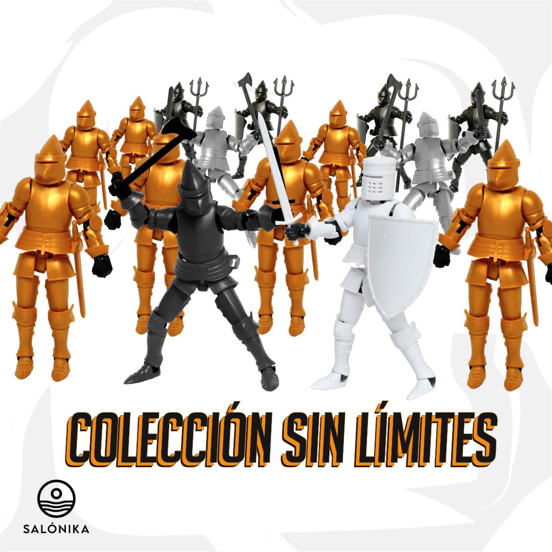 SALONIKA T13 Action Figure, Dummy 13, Figura De Accion, Caballero Medieval, Set de 2 Figuras, 15 Articulaciones, 8 Accesorios, Dorado y Plata (Blanco y Negro)