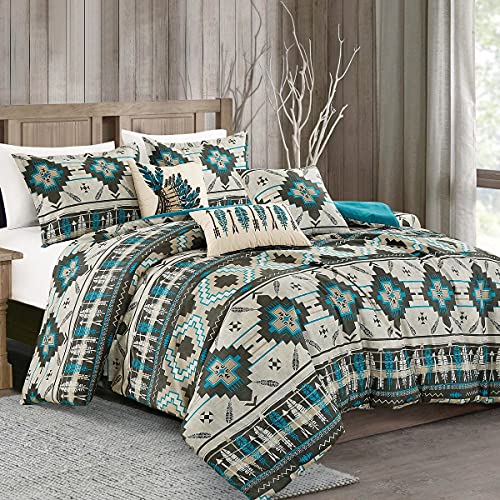 Linen Mart Queen Comforter Set Luxury Bedding Comforter Sets Southwestern Tan Navajo Turquoise Feather Aztec Comforter - 6 Piece Set (Queen) #TOP2