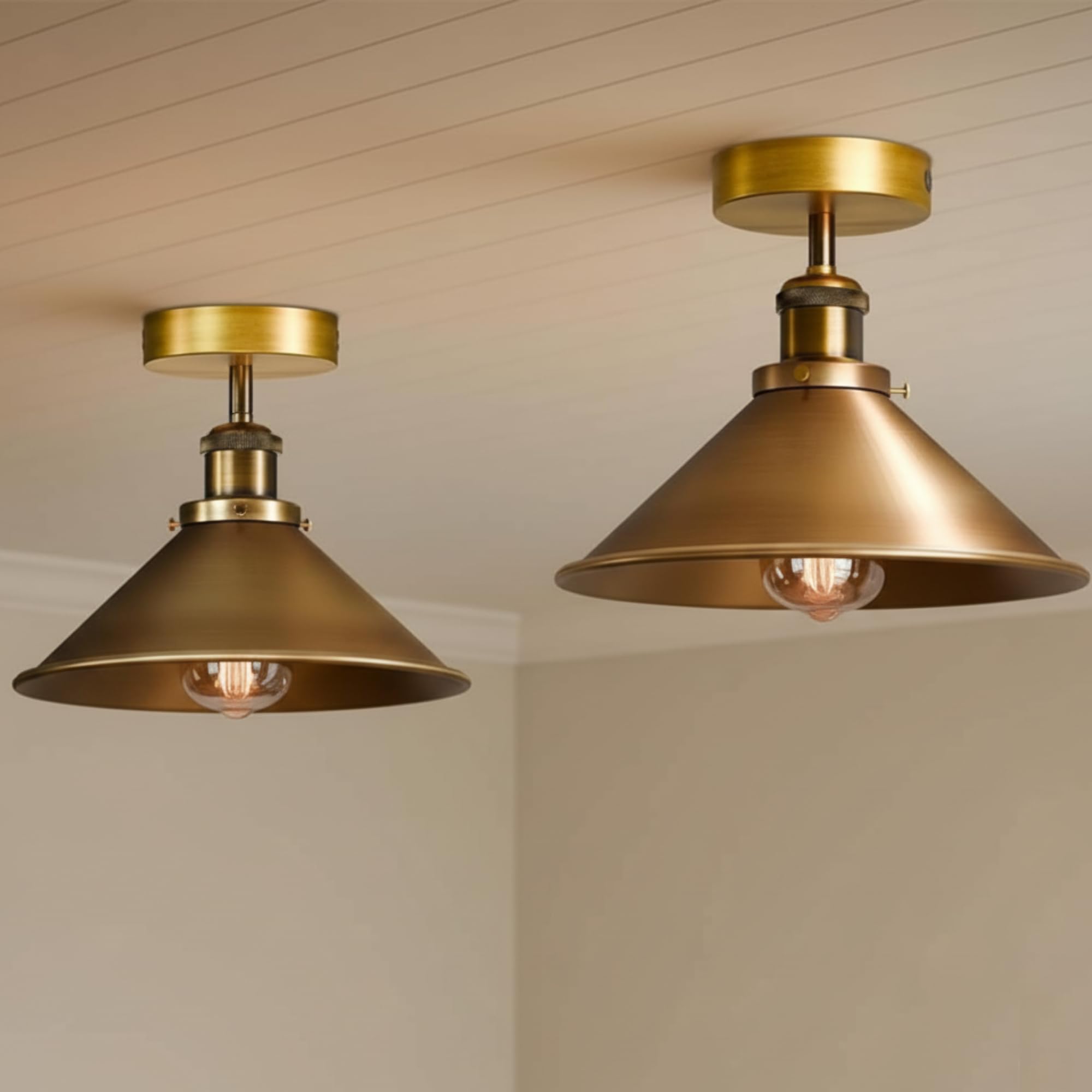 LEDSone 2Pcs Indoor Flush Mount Ceiling Lamp Metal E27 Yellow Brass Cone Shade — image 1