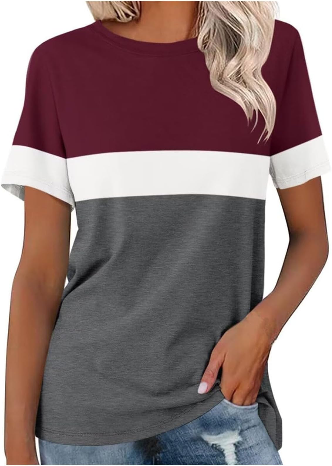 Summer T Shirts for Women 2025 Trendy Short Sleeve Crewneck Color Block Blouses Slim Fit Casual Top Going Out Clothes
